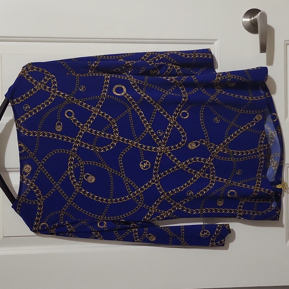 Beautiful blue & gold Michael Kors top. 3/4 length sleeves, drape neckline, Lg - Picture 4 of 4